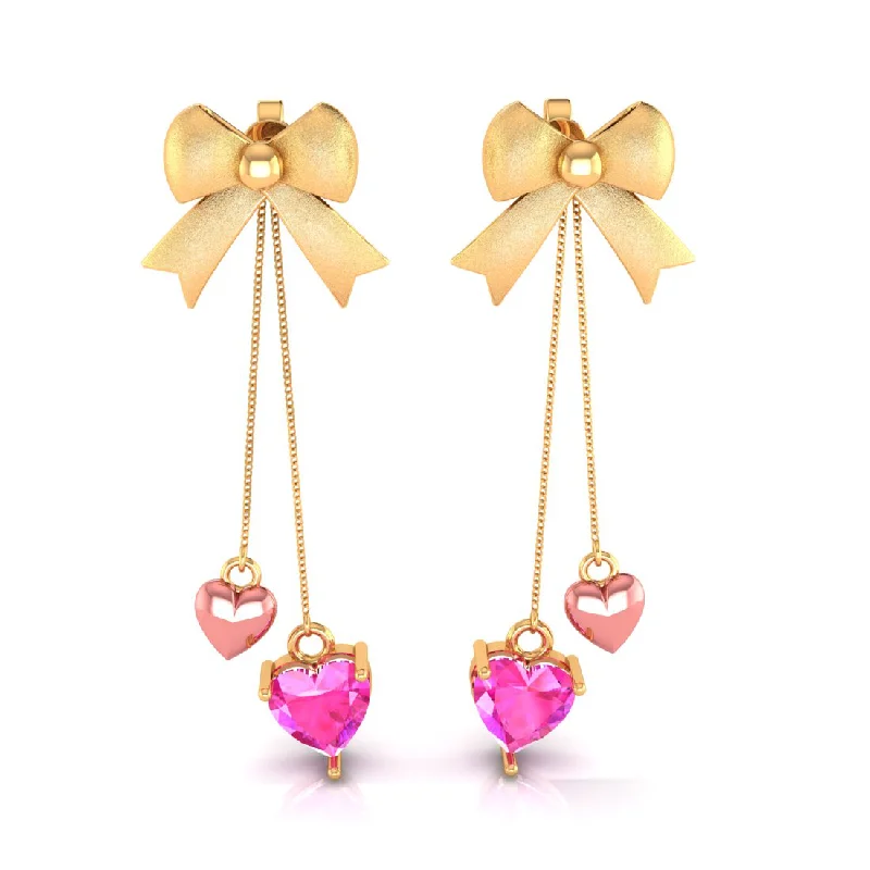 Gemstone Dangle Earrings-14k Gold Ribbon Bow And Dangling Pink Hearts Earrings