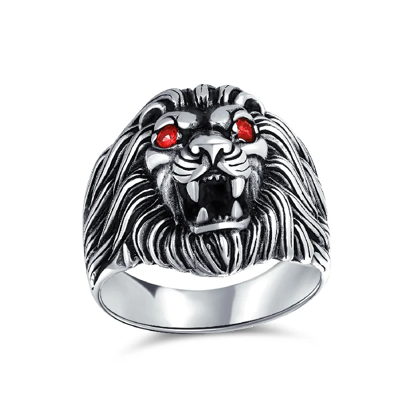 Unique Wedding Band Sets-Mens Silver Ring with Red Ruby Eyes Lion Design Solid Oxidized .925 Sterling Silver