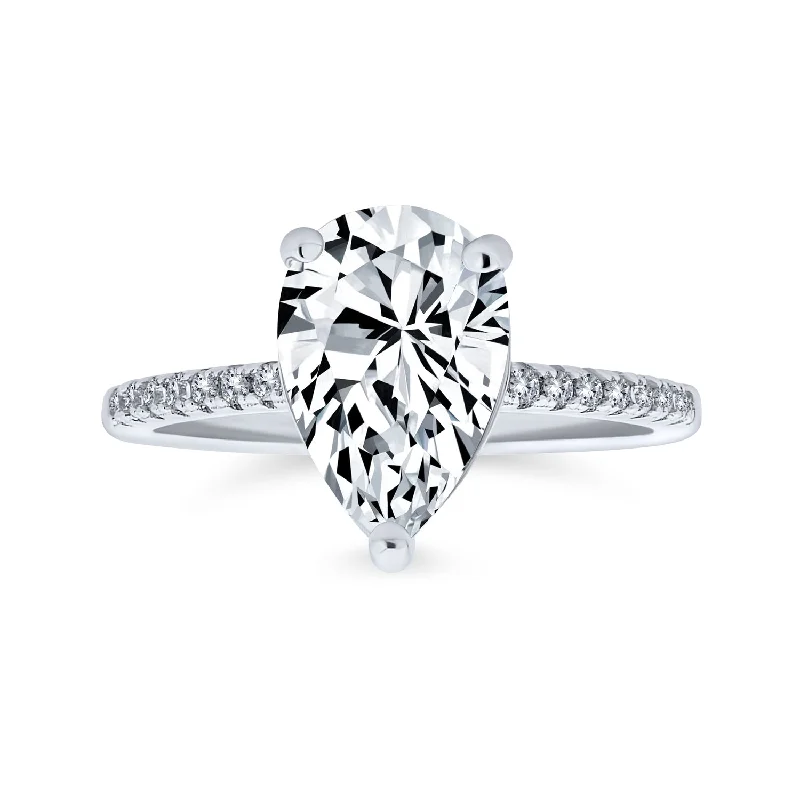 Fashionable Cocktail Rings-Pear Shape Solitaire AAA CZ Halo Engagement Ring, 14K Gold Plated Sterling Silver