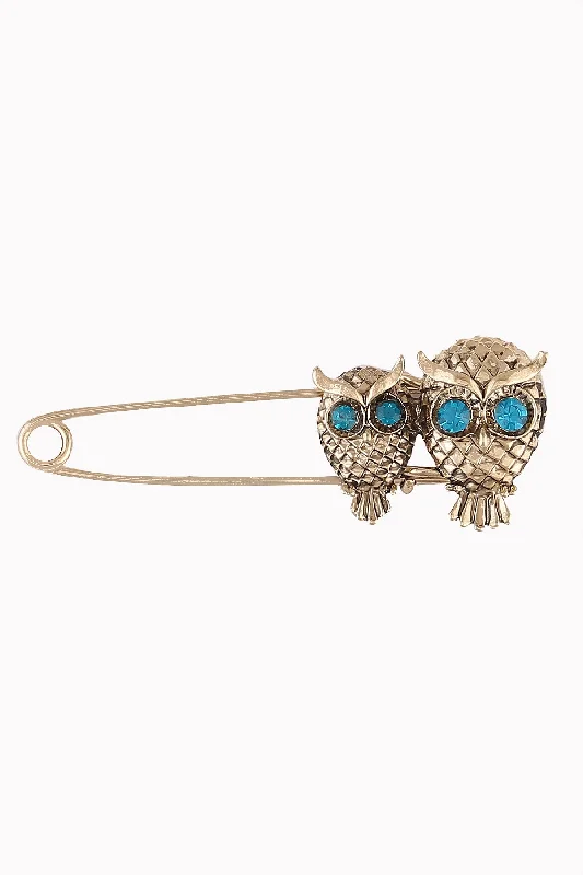 Vintage Brooch with Art Deco Design-Vintage Brooch with Art Deco Design-Vintage Style Antique Gold Double Owl Bird Metal Safety Pin Brooch