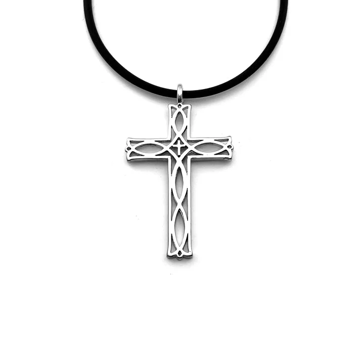 Modern Gold Necklaces-Cross Ichthus Fish Rhodium Necklace