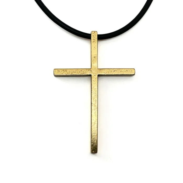 Heart Pendant Necklaces-Cross Large Gold Finish Pendant Black Cord Necklace