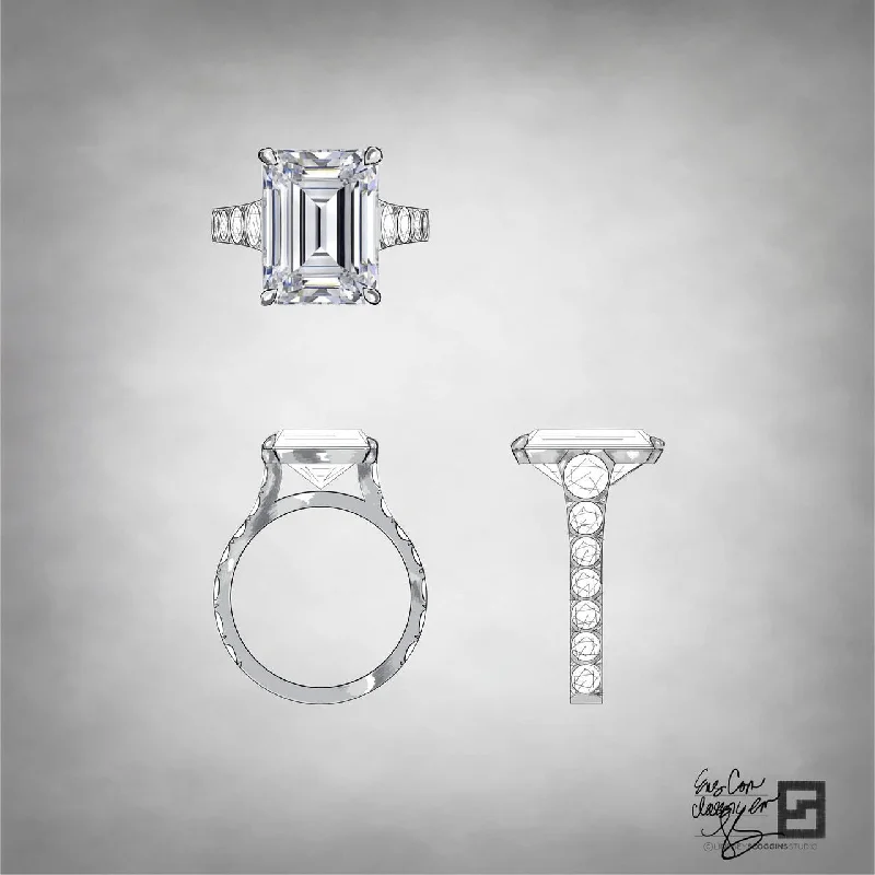 Handcrafted Promise Rings-EMERALD CUT ENGAGEMENT RING WITH GRADUATED DIAMOND SHANK