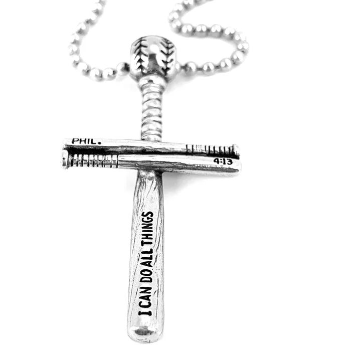 Silver Pendant Necklaces-Baseball Bat And Ball Cross Necklace Pewter