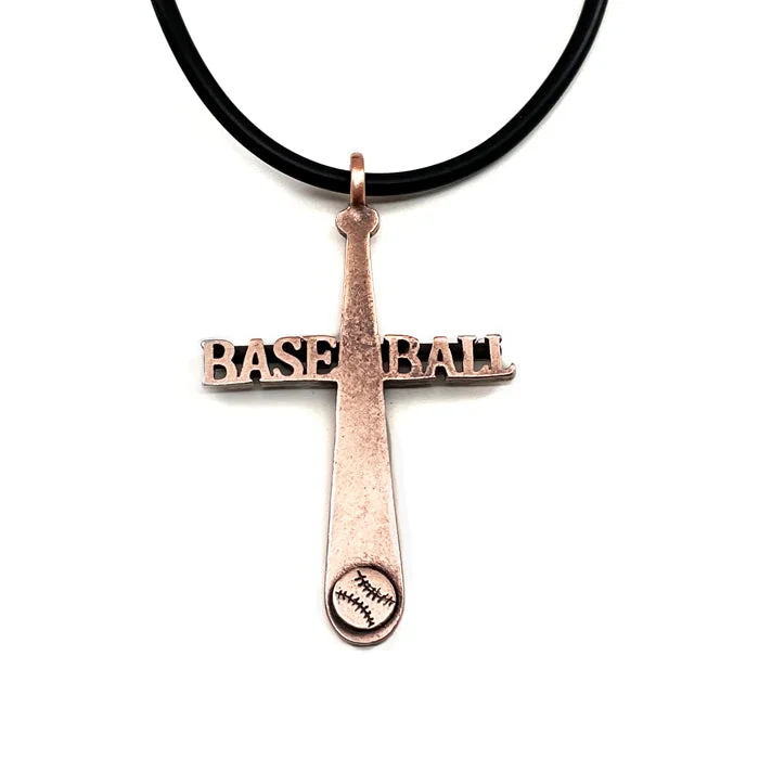 Black Onyx Necklaces-Baseball Cross Copper Bat Necklace Black Rubber Cord