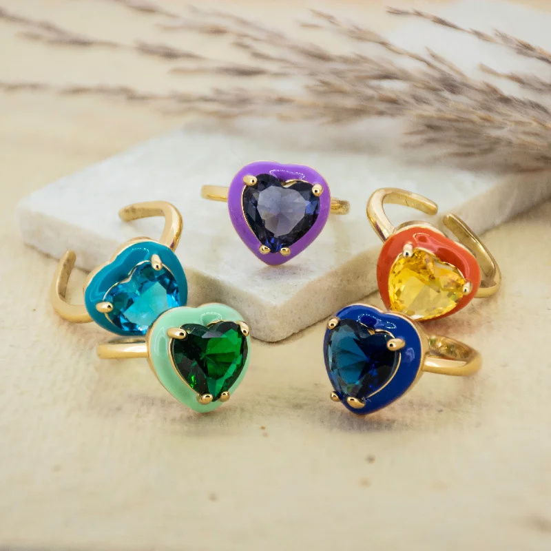 Colorful Gemstone Wedding Rings-Crystal Heart Ring