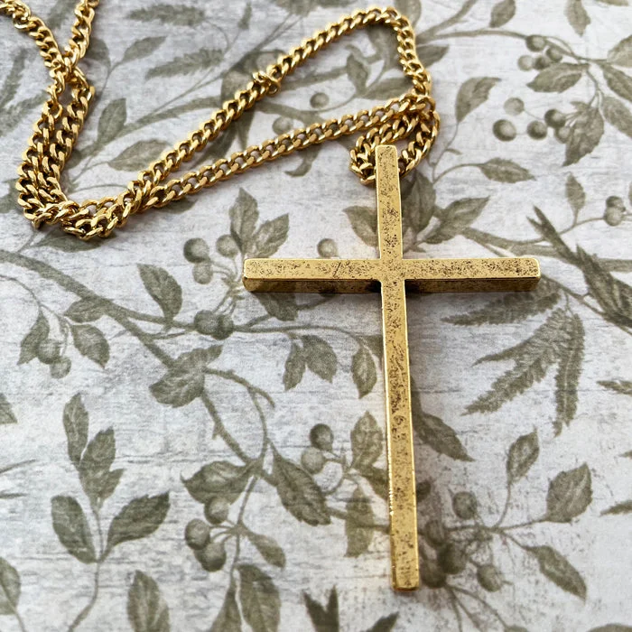 Unique Pendant Necklaces-Cross Large Gold Finish Curb Chain Necklace