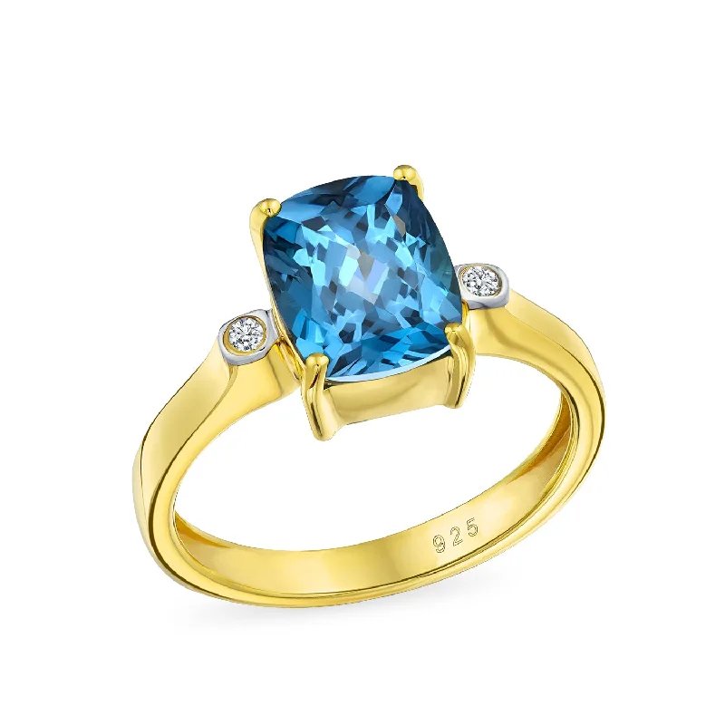 Designer Gold Rings-3.17CT London Blue Topaz Emerald Cut Engagement Ring in 14K Gold Plated Silver