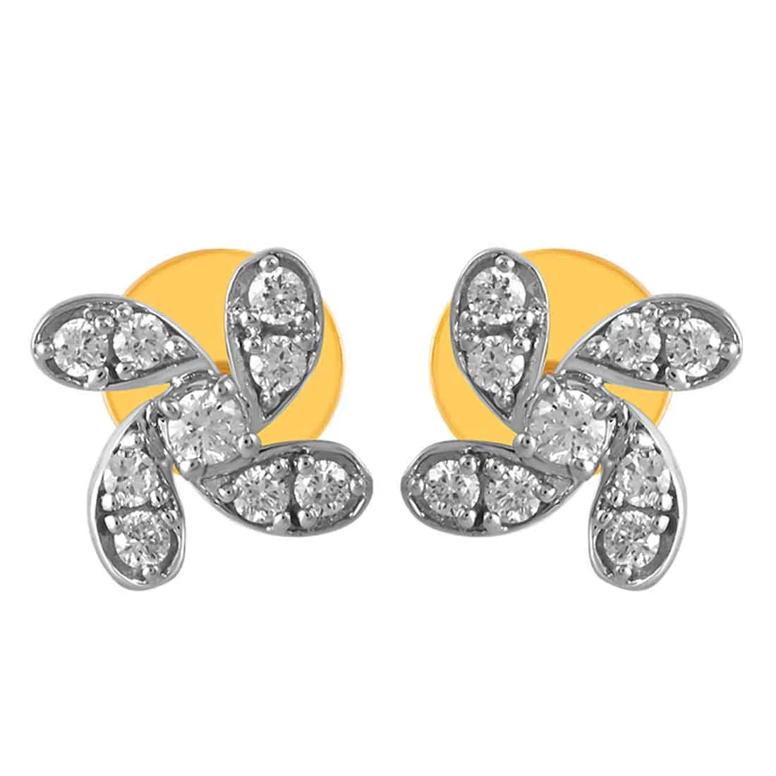 Retro Style Earrings-14KT (585) Yellow Gold & Diamond Floral Motifs Stud Earrings