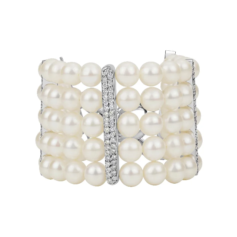 Adjustable Gemstone Cuff Bracelets-Toggle Bracelet - Fresh Water Pearl And Diamond (301CS)