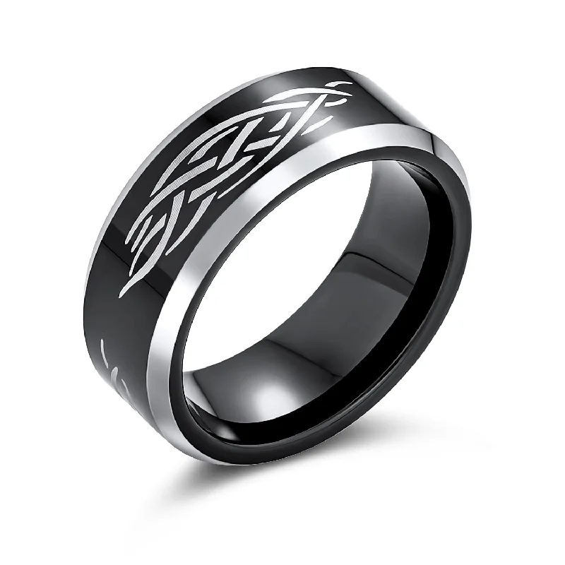 Matching Wedding Rings for Couples-Laser Etched Catholic Tungsten Wedding Band Ring with Black Christ Thorn Design for Men