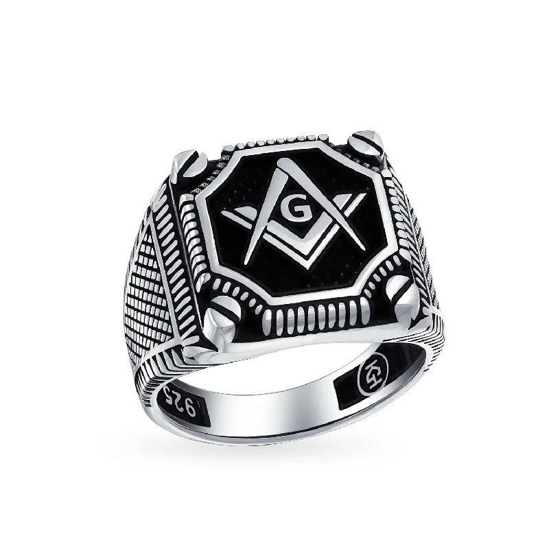 Platinum Wedding Rings for Women-Mens Silver Ring with Tri Tone Black Inlay Compass Freemason Masonic Signet Design