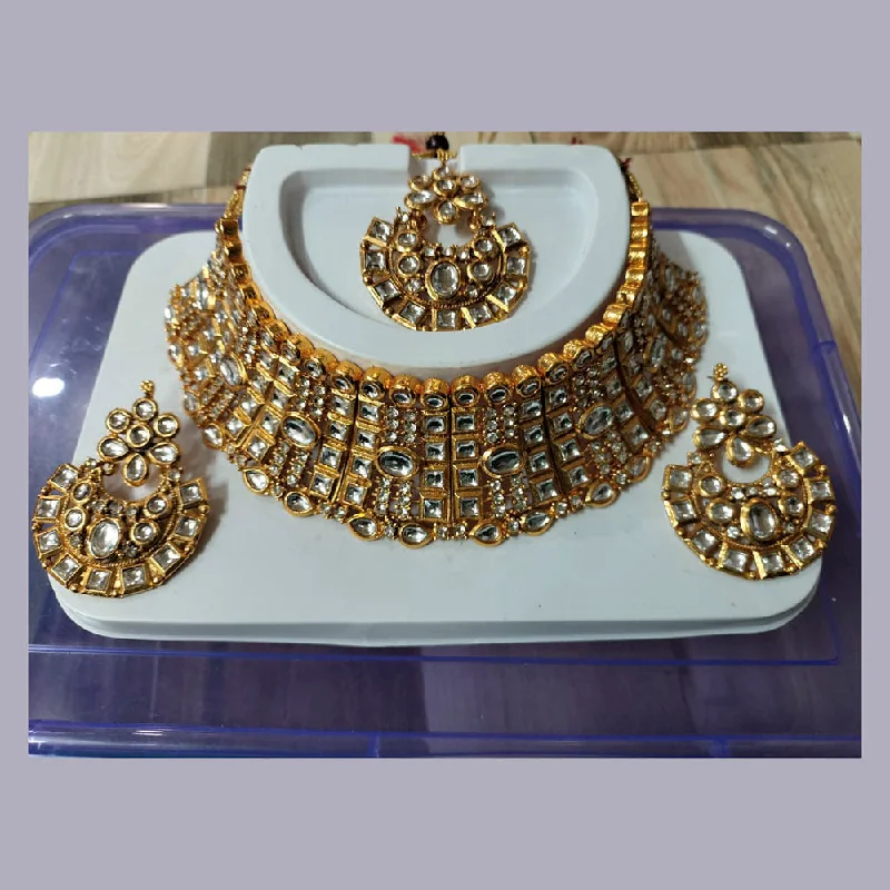 Handcrafted Gold Necklaces-Neetu Art Gold Plated Kundan Stone Choker Necklace Set With Maangtikka