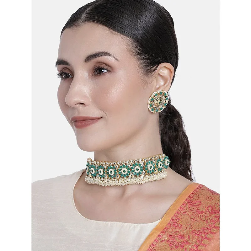 Affordable Necklaces for Women-Etnico 18k Gold Plated Traditional Green Kundan & Pearl Studded Choker Necklace Jewellery Set For Women/Girls (K7208G)