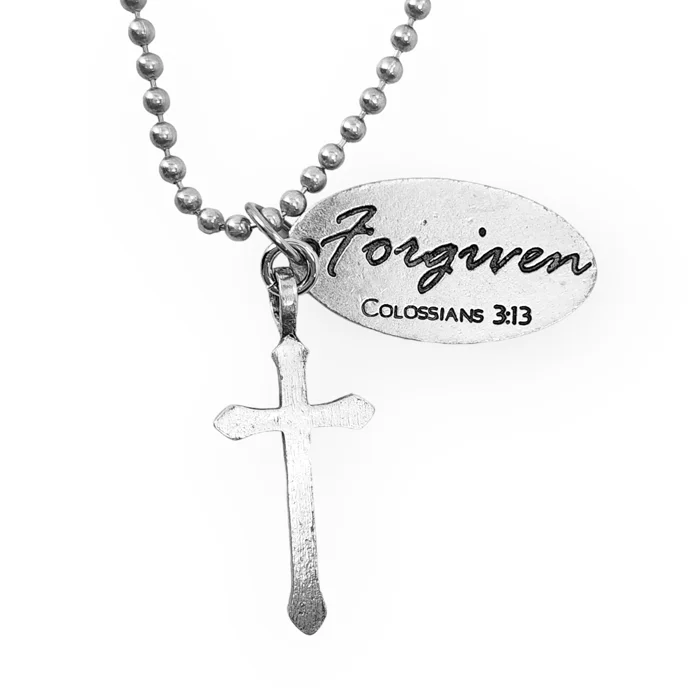 Personalized Name Plate Necklaces-Cross Antique Silver Metal Finish Forgiven Tag Ball Chain Necklace