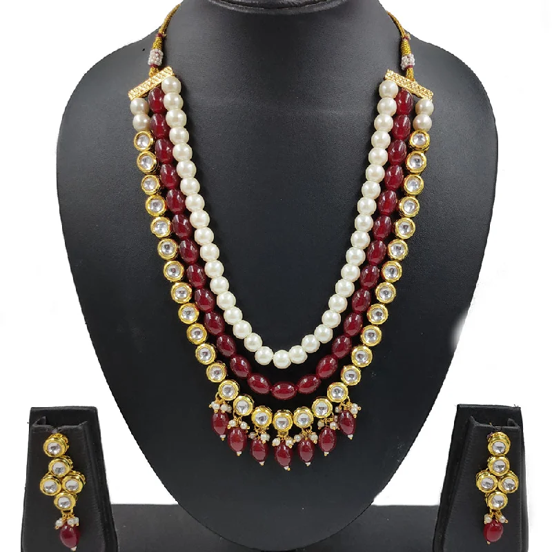 Stylish Charm Pendant Necklaces-Gehana Mahal Gold Plated Kundan And Beads Multi Layer Necklace Set