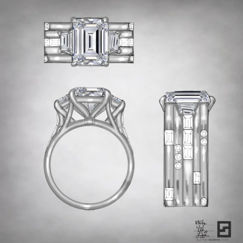 Birthstone Diamond Rings-EMERALD CUT ENERGY BAND ENGAGEMENT RING