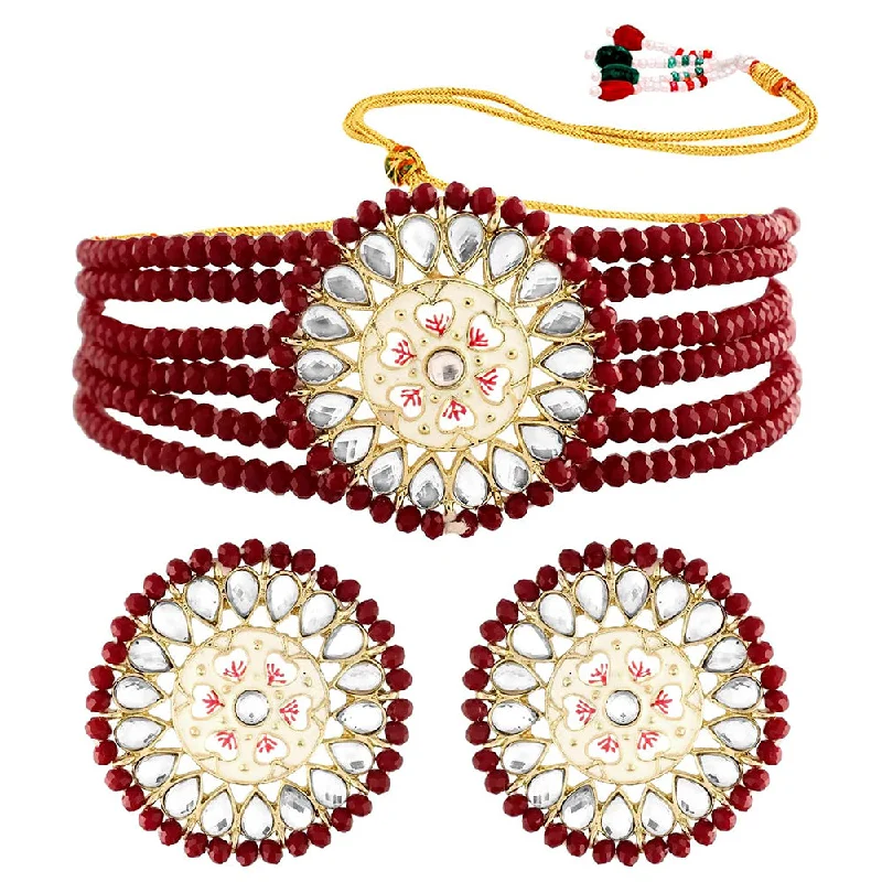 Chunky Bead Necklaces-Etnico 18k Gold Plated Traditional Choker Set Glided With Kundan & Pearls For Women/Girls (K7203M)