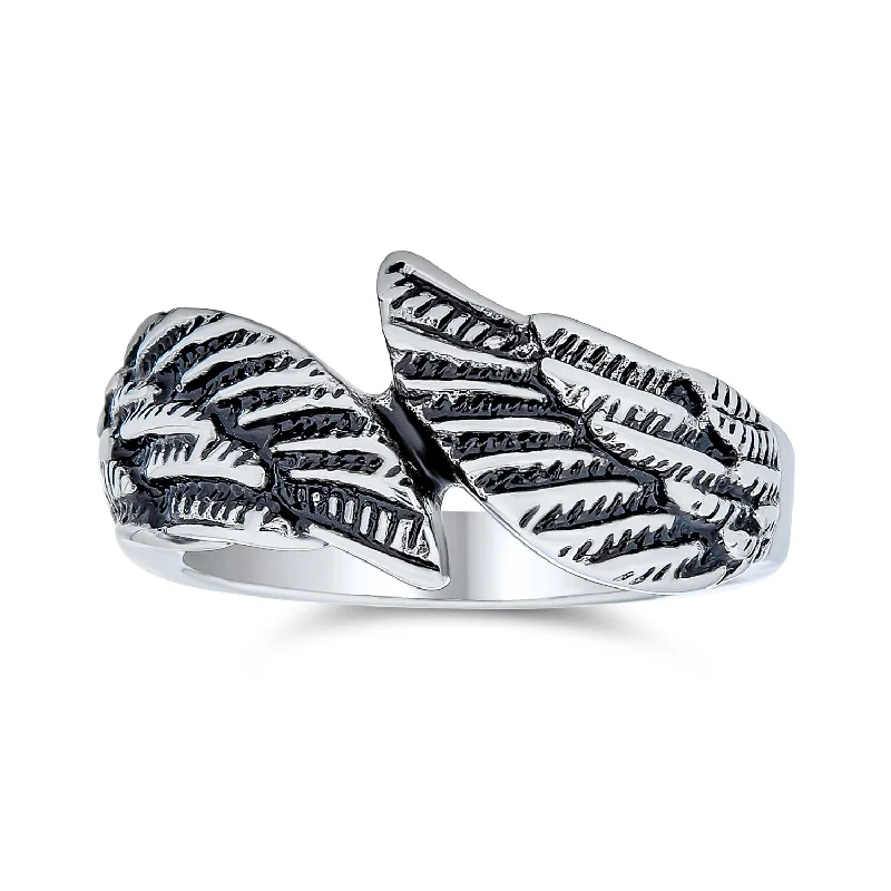 Silver Engagement Rings-Mens Stainless Steel Angel Wing Band Ring Unisex Biker Jewelry Oxidized Silver Tone