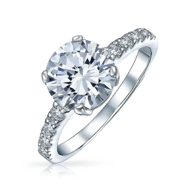 Princess Cut Engagement Rings-4CT AAA CZ Round Brilliant Solitaire Engagement Ring with Pave Side Stones