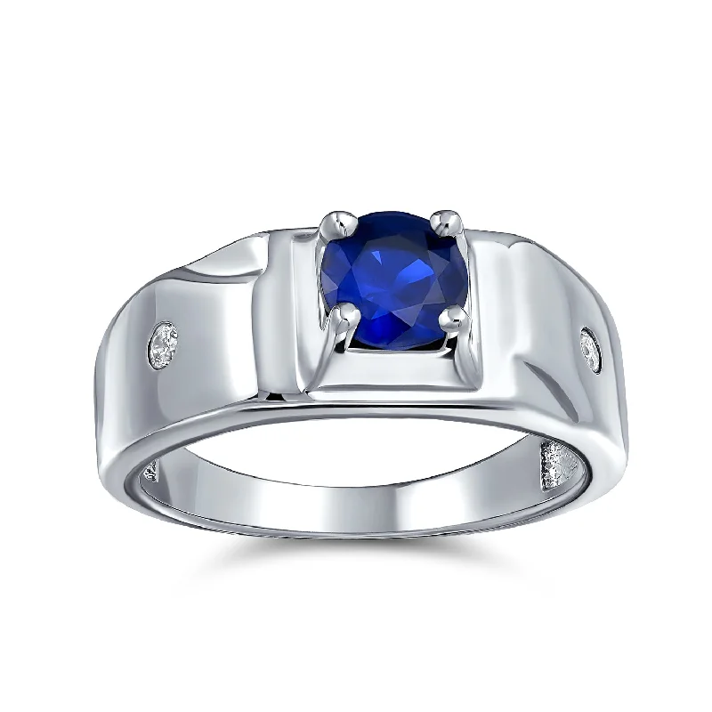 Stackable Diamond Rings-Unisex 1CTW Round Blue Sapphire CZ Men's Engagement Ring in Sterling Silver