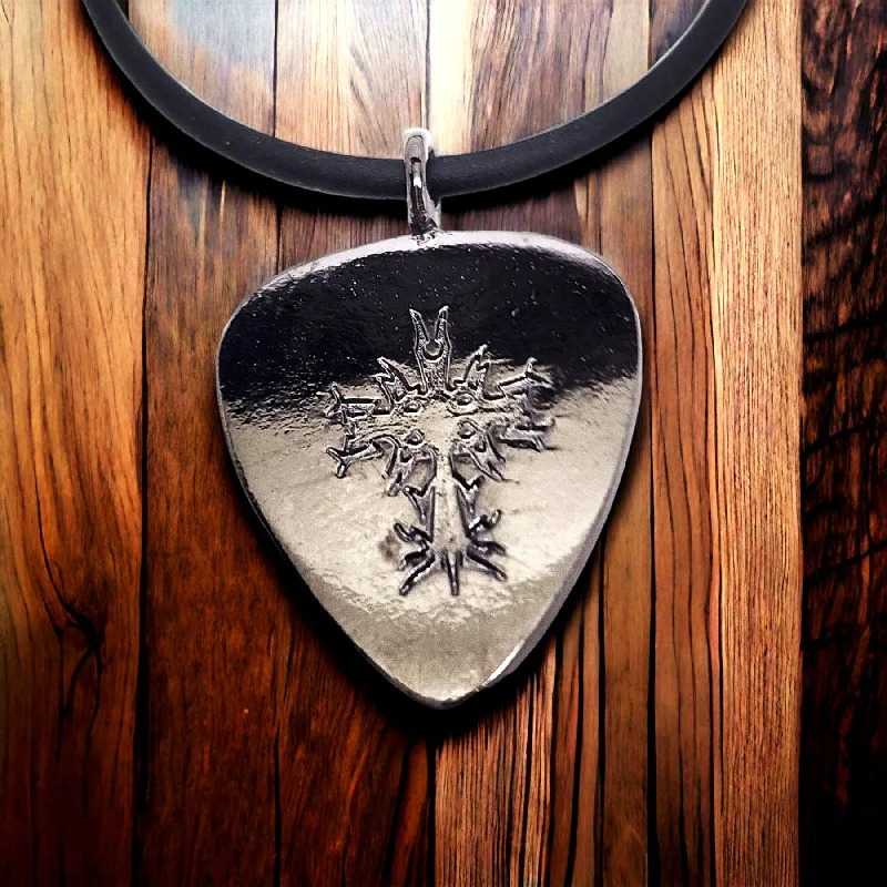 Unique Infinity Necklaces-Cross Guitar Pick Dark Metal Finish Pendant Black Cord Necklace