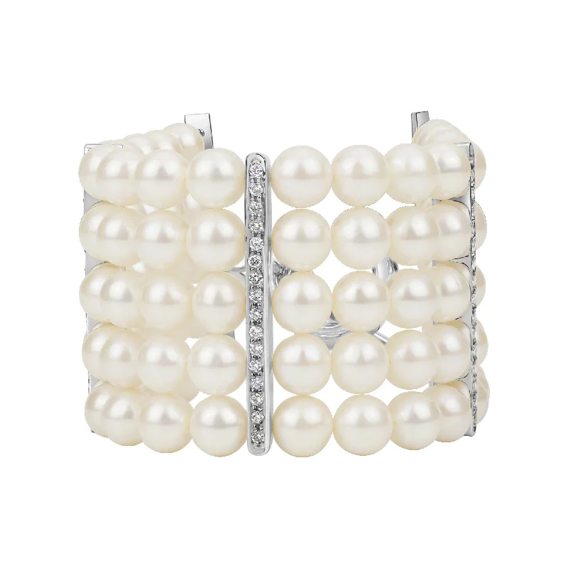 Simple Charm Cuff Bracelets-Toggle Bracelet - Fresh Water Pearl And Diamond In Silver