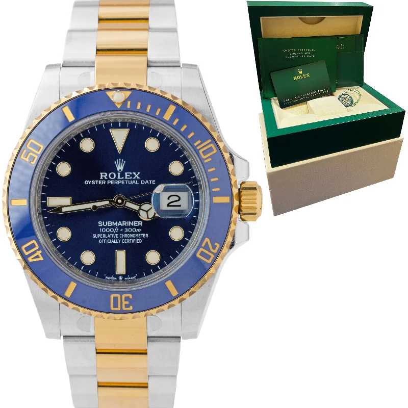 Solar Powered Watches for Hiking-STICKERED 2021 Rolex Submariner Date 41mm Ceramic Two-Tone Blue Watch 126613 LB