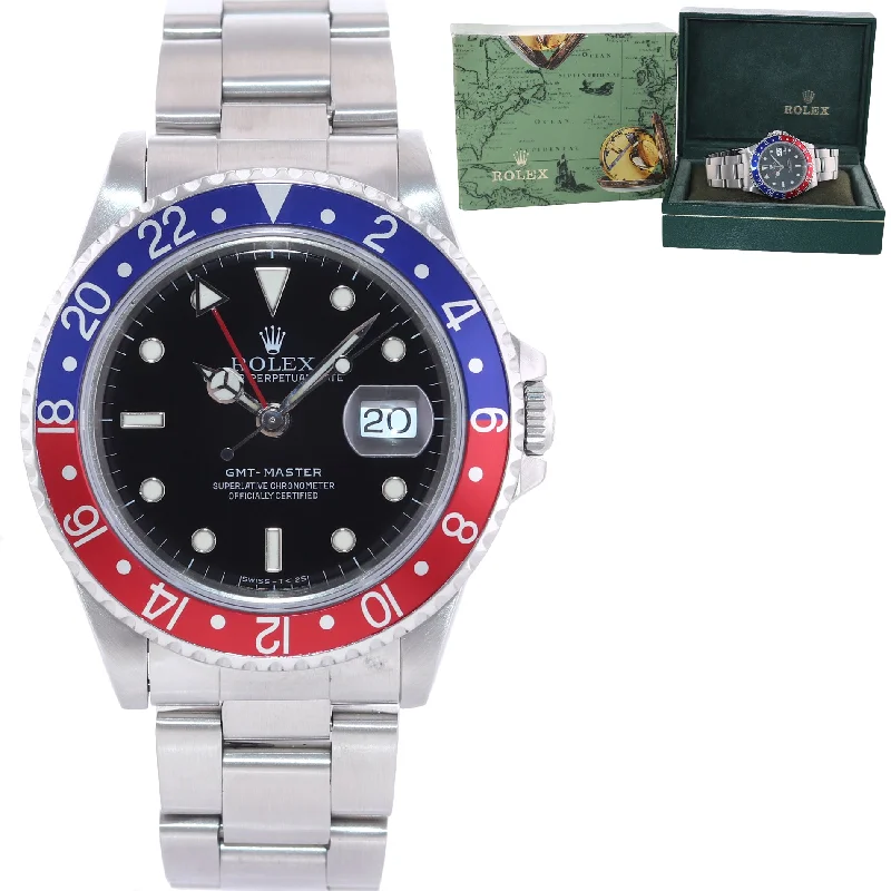 Digital Watches with Alarms-Rolex GMT-Master Tritium Pepsi Blue Red Steel 16700 Date Watch Oyster Box