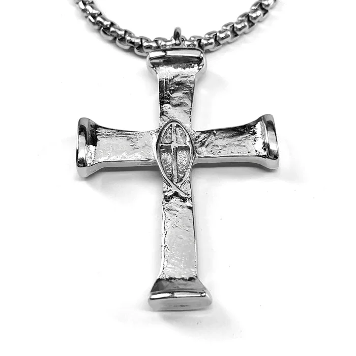 Elegant Long Necklaces-Horse Nails Cross Fish Rhodium Finish Heavy Chain Necklace