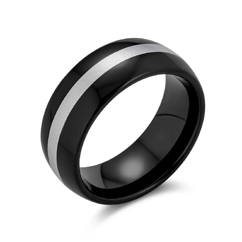 Custom Wedding Rings with Birthstones-Tungsten Wedding Band Black Grey Stripe Titanium Ring for Men Comfort Fit