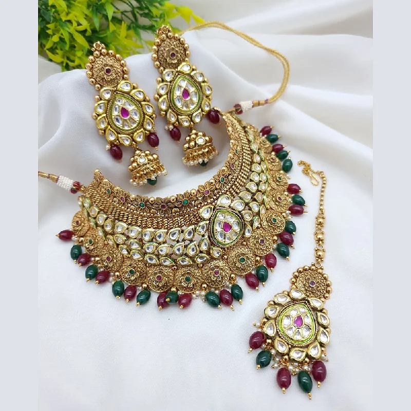 Long Pendant Necklaces-JCM Gold Plated Kundan Stone Necklace Set