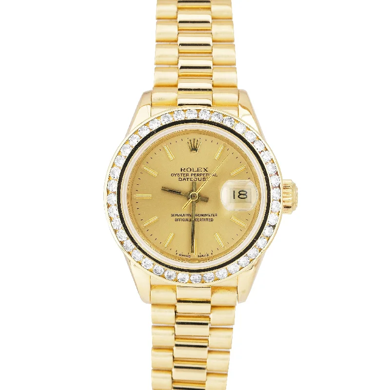 Women’s Watches with Slim Design-Rolex DateJust President 26mm DIAMOND BEZEL Champagne Yellow Gold Watch 69178