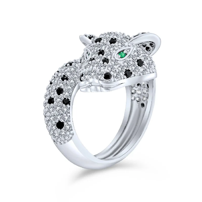 Personalized Birthstone Rings-Green Eye Cubic Zirconia Cocktail Statement Ring Silver-Plated Panther Design