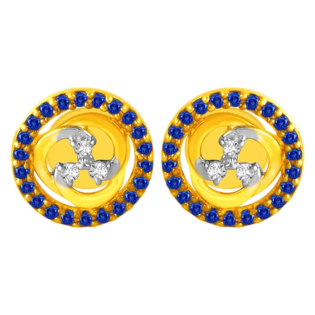 Diamond Stud Earrings-14KT (585) Yellow Gold & Diamond Studs Earrings with Blue Stone Borders