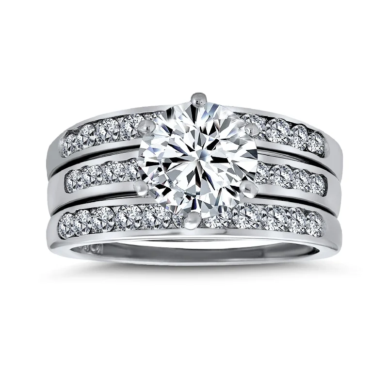 Men's Wedding Rings-3.5CT Round CZ Cocktail Statement Ring with Pave Band Guard in Sterling Silver