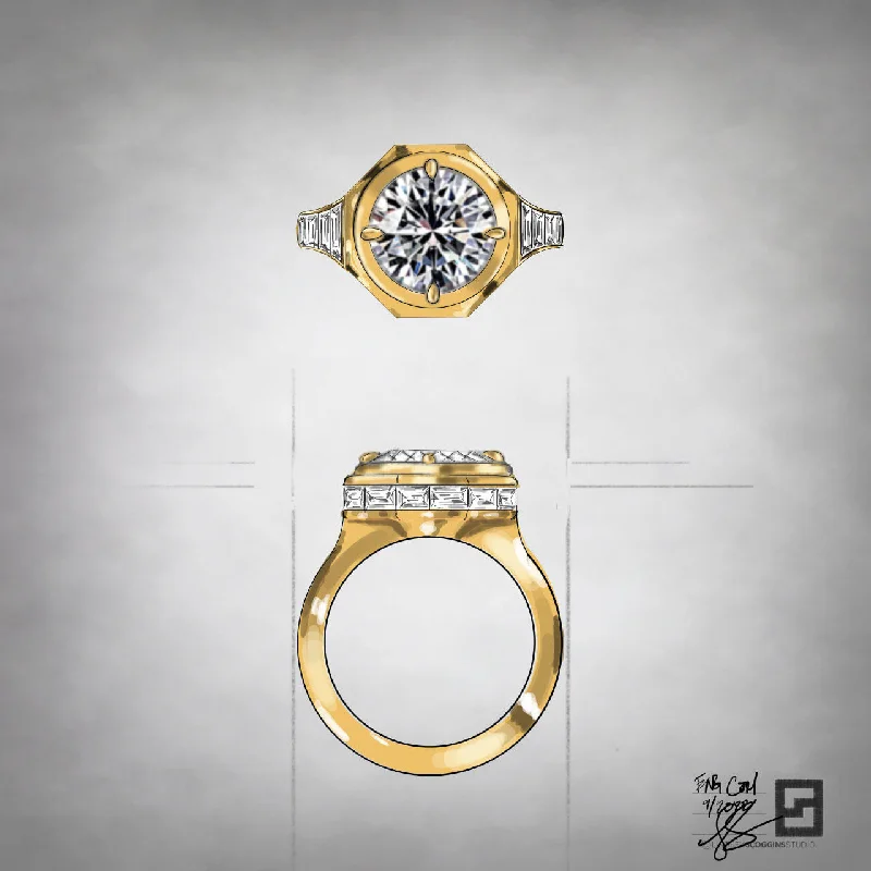 Dainty Engagement Rings-OCTAGON BEZEL BAGUETTE FRAME ENGAGEMENT RING