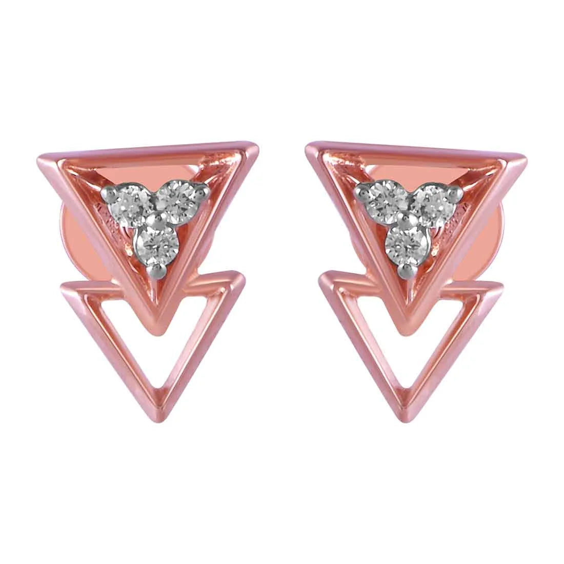 Simple Silver Earrings-14KT (585) Rose Gold & Diamond Inverted triangle Stud Earrings