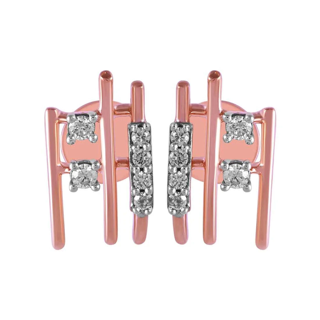 Unique Boho Earrings-14KT (585) Rose Gold & Diamond Stud Earrings with Line