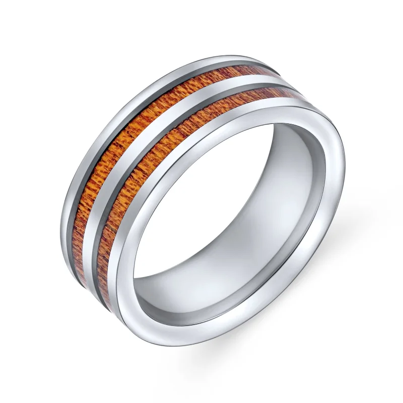 Simple Gemstone Rings-Tungsten Wedding Band Ring with Double Row Koa Wood Inlay and Silver Tone Comfort Fit