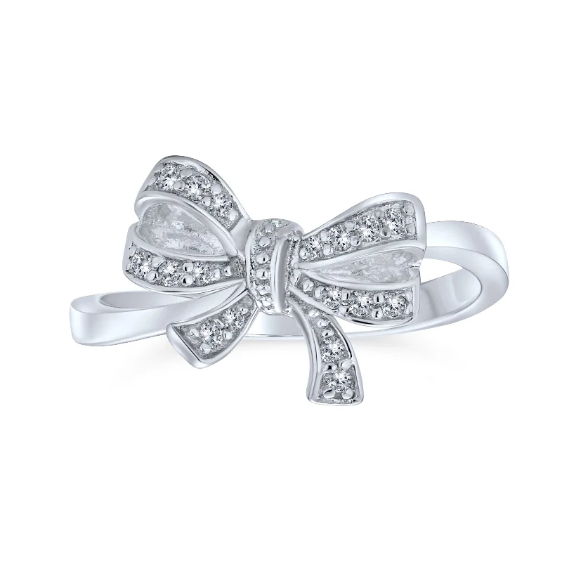 Luxury Gold Wedding Bands-Vintage Style Bridal Pave CZ Ribbon Bow Ring .925 Sterling Silver