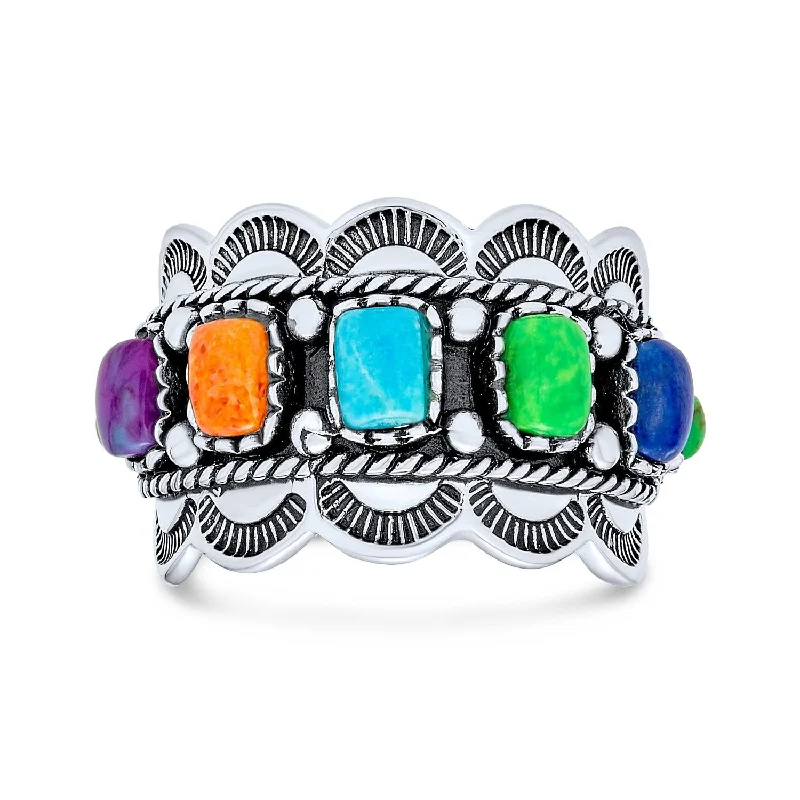 Classic Platinum Wedding Bands-Southwest Boho Silver Ring with Multi-Color Gemstones in Sterling Silver