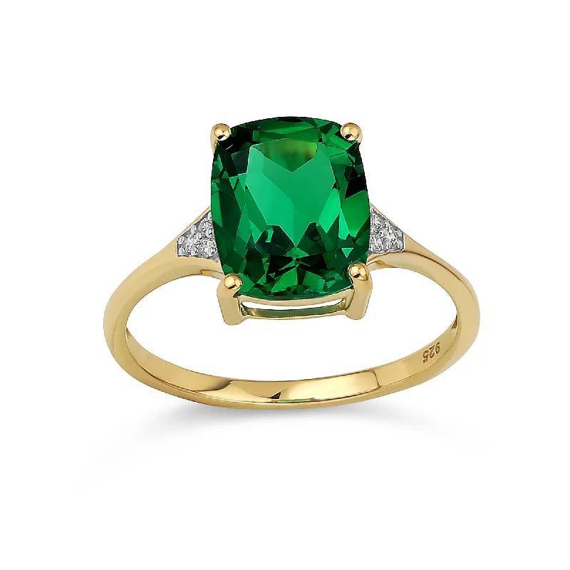 Chunky Silver Rings-3.5CT Green Emerald Cut Gemstone Engagement Ring, 14K Gold Plated Silver