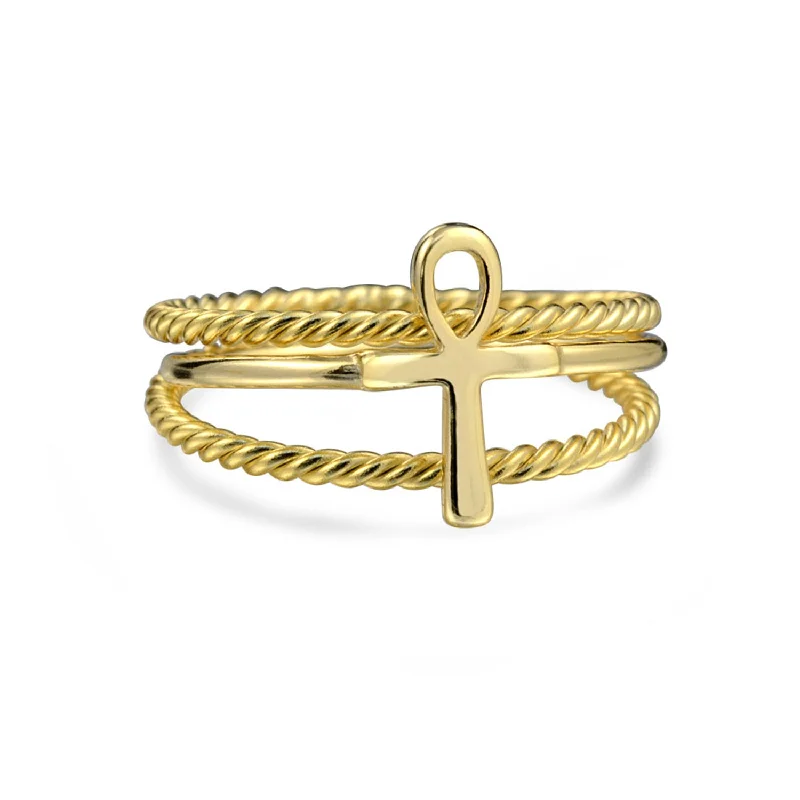 Designer Engagement Rings-Minimalist Silver Ring Set: 14K Gold Plated Ankh Cross Stackable Bands