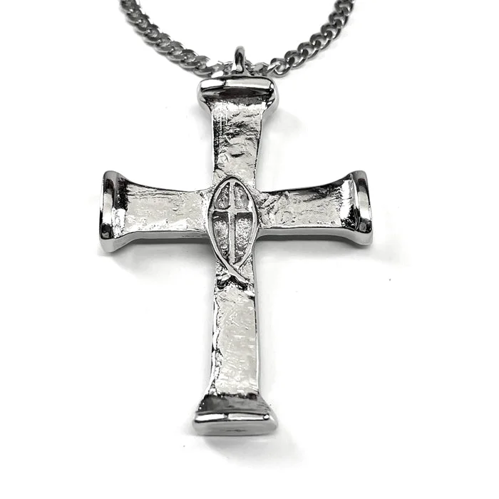 Fashionable Boho Necklaces-Horse Nails Cross Fish Rhodium Finish Chain Necklace