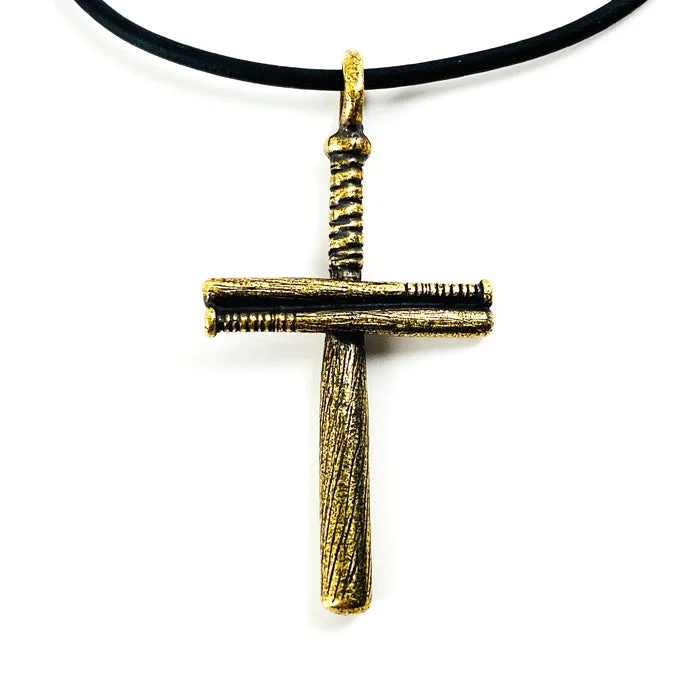 Zodiac Sign Necklaces-Baseball Bat Cross On Soft Black Rubber Necklace Antique Brass Softball