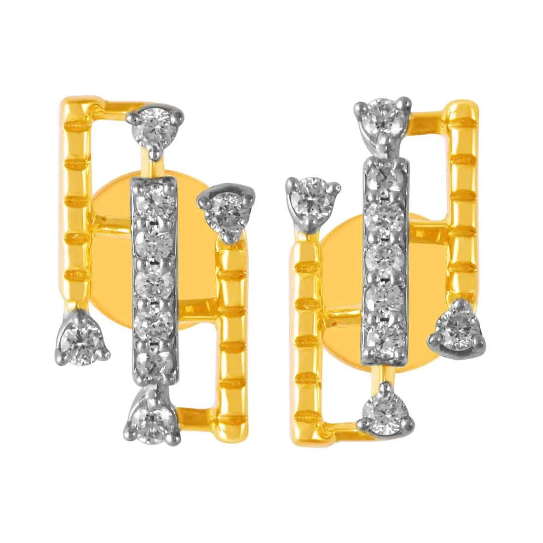 Classic Silver Earrings-14KT (585) Yellow Gold & Diamond Beautiful Design Stud Earrings