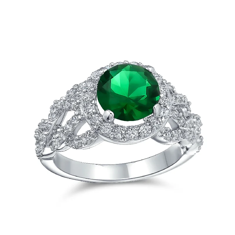 Customized Engagement Rings-3CT Emerald Green Cocktail Statement Ring with CZ Pave Silver Plated Brass