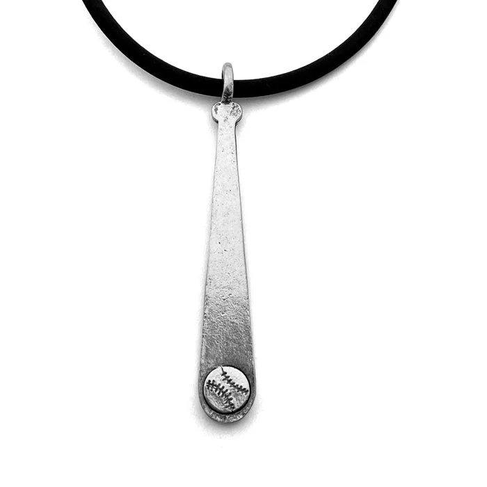 Boho Chic Necklaces-Baseball Softball Bat Necklace Antique Silver On Black Rubber