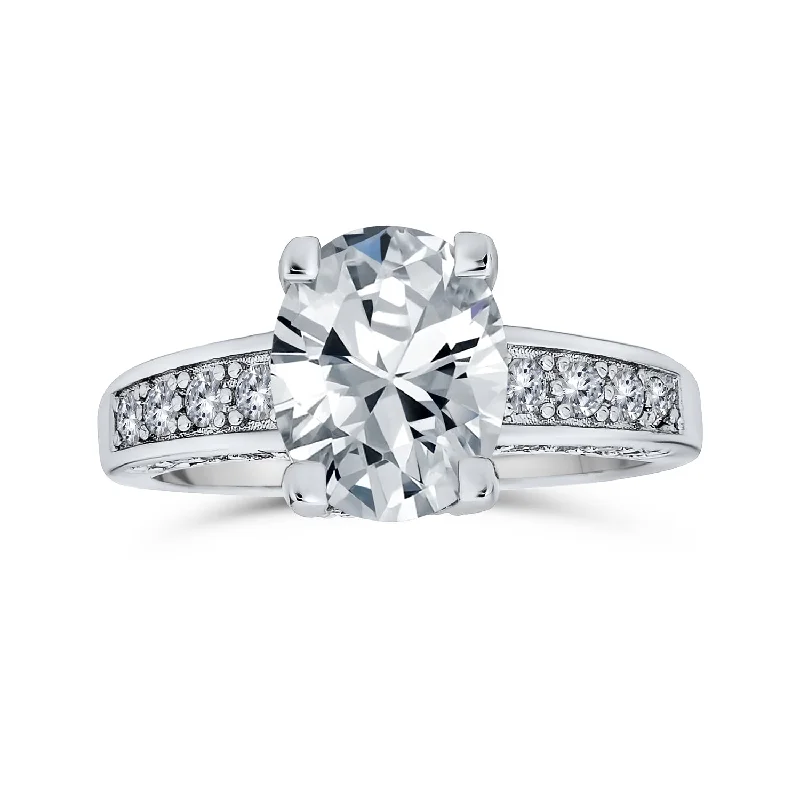 Simple Wedding Rings-925 Sterling Silver AAA CZ Oval Solitaire Engagement Ring with Zirconia Band